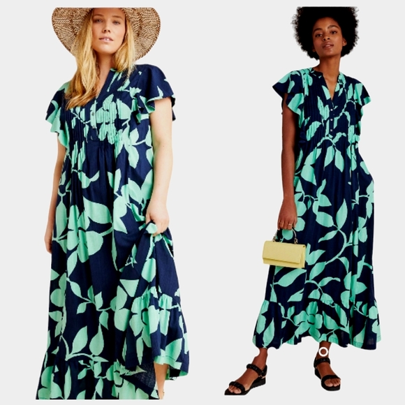 Anthropologie Maeve Cassandra Navy,Green Flutter Sleeve Pintuck Bodice M… - Picture 1 of 17